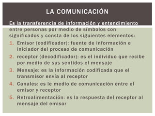 LA COMUNICACIÓN 
Es la transferencia de información y entendimiento 
entre personas por medio de símbolos con 
significados y consta de los siguientes elementos: 
1. Emisor (codificador): fuente de información e 
iniciador del proceso de comunicación 
2. receptor (decodificador): es el individuo que recibe 
por medio de sus sentidos el mensaje 
3. Mensaje: es la información codificada que el 
transmisor envía al receptor 
4. Canales: es le medio de comunicación entre el 
emisor y receptor 
5. Retroalimentación: es la respuesta del receptor al 
mensaje del emisor 
 