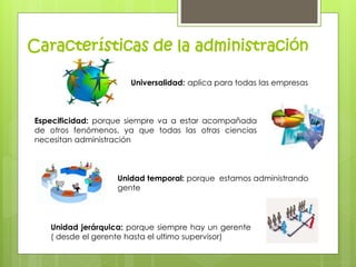 Características de la administración 
Universalidad: aplica para todas las empresas 
Especificidad: porque siempre va a estar acompañada 
de otros fenómenos, ya que todas las otras ciencias 
necesitan administración 
Unidad temporal: porque estamos administrando 
gente 
Unidad jerárquica: porque siempre hay un gerente 
( desde el gerente hasta el ultimo supervisor) 
 