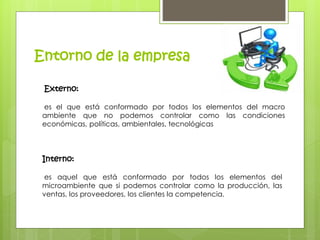 Entorno de la empresa 
Externo: 
es el que está conformado por todos los elementos del macro 
ambiente que no podemos controlar como las condiciones 
económicas, políticas, ambientales, tecnológicas 
Interno: 
es aquel que está conformado por todos los elementos del 
microambiente que si podemos controlar como la producción, las 
ventas, los proveedores, los clientes la competencia. 
 