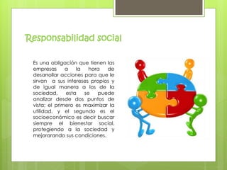 Responsabilidad social 
Es una obligación que tienen las 
empresas a la hora de 
desarrollar acciones para que le 
sirvan a sus intereses propios y 
de igual manera a los de la 
sociedad, esta se puede 
analizar desde dos puntos de 
vista; el primero es maximizar la 
utilidad, y el segundo es el 
socioeconómico es decir buscar 
siempre el bienestar social, 
protegiendo a la sociedad y 
mejorarando sus condiciones. 
 