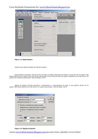 Curso Distribuido Gratuitamente Por: www.E-Book-Gratuito.Blogspot.Com
Figura 1.3- Opção Quadro
Vejamos aqui algumas opções do submenu Quadro:
Anexar/Separra Conteúdo: Permite mover um texto ou gráfico importado para dentro ou para fora de um quadro. Não
estará disponível se o quadro vazio não estiver selecionado com um bloco de texto ou gráfico importado ou se não houver um
quadro com conteúdo selecionado. Tecla de Atalho: Ctrl+F
Opções de Quadro: Permite especificar o alinhamento e o deslocamento do texto ou dos gráficos dentro de um
quadro. Não estará disponível se não houver um quadro selecionado. Tecla de Atalho: Alt+F.
Figura 1.4- Opções de Quadro
Acesse www.E-Book-Gratuito.Blogspot.com para mais Cursos, Apostilas e Livros Grátis!
 