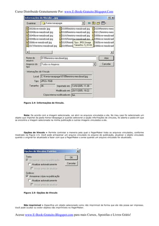 Curso Distribuido Gratuitamente Por: www.E-Book-Gratuito.Blogspot.Com
Figura 2.4- Informações de Vinculo.
Nota: De acordo com a imagem selecionada, vai abrir os arquivos vinculados a ela. No meu caso foi selecionado um
objeto que importei da pasta Kenia-nãoapagar,e quando selecionei a opção informações de vínculos, foi aberta a pasta em que
se encontra a imagem selecionada na minha publicação e outras imagens vinculados a ele.
Opções de Vinculo » Permite controlar a maneira pela qual o PagerMaker trata os arquivos vinculados, conforme
mostrado na Figura 2.5. Você pode armazenar um arquivo vinculado no arquivo de publicação, atualizar o objeto vinculado
quando o original for atualizado e fazer com que o PagerMaker o avise quando um arquivo vinculado for atualizado.
Figura 2.5- Opções de Vinculo
Não imprimível » Especifica um objeto selecionado como não imprimível de forma que ele não possa ser impresso.
Você pode ocultar ou exibir objetos não imprimíveis no PagerMaker.
Acesse www.E-Book-Gratuito.Blogspot.com para mais Cursos, Apostilas e Livros Grátis!
 
