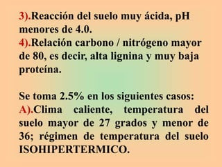 3).Reacción del suelo muy ácida, pH
menores de 4.0.
4).Relación carbono / nitrógeno mayor
de 80, es decir, alta lignina y muy baja
proteína.
Se toma 2.5% en los siguientes casos:
A).Clima caliente, temperatura del
suelo mayor de 27 grados y menor de
36; régimen de temperatura del suelo
ISOHIPERTERMICO.
 