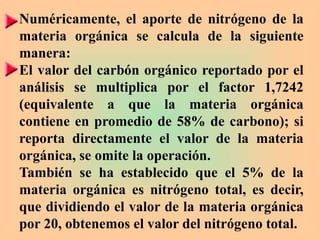 Numéricamente, el aporte de nitrógeno de la
materia orgánica se calcula de la siguiente
manera:
El valor del carbón orgánico reportado por el
análisis se multiplica por el factor 1,7242
(equivalente a que la materia orgánica
contiene en promedio de 58% de carbono); si
reporta directamente el valor de la materia
orgánica, se omite la operación.
También se ha establecido que el 5% de la
materia orgánica es nitrógeno total, es decir,
que dividiendo el valor de la materia orgánica
por 20, obtenemos el valor del nitrógeno total.
 
