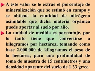 A éste valor se le extrae el porcentaje de
mineralización que se estimó en campo y
se obtiene la cantidad de nitrógeno
asimilable que dicha materia orgánica
puede aportar al suelo por año.
La unidad de medida es porcentaje, por
lo tanto tiene que convertirse a
kilogramos por hectárea, tomando como
base 2.000.000 de kilogramos el peso de
la hectárea, para una profundidad de
toma de muestra de 15 centímetros y una
densidad aparente del suelo de 1.33 gr/cc.
 