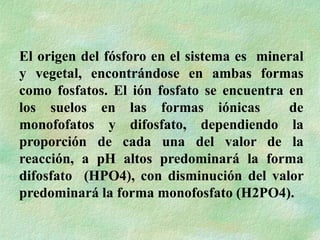 El origen del fósforo en el sistema es mineral
y vegetal, encontrándose en ambas formas
como fosfatos. El ión fosfato se encuentra en
los suelos en las formas iónicas de
monofofatos y difosfato, dependiendo la
proporción de cada una del valor de la
reacción, a pH altos predominará la forma
difosfato (HPO4), con disminución del valor
predominará la forma monofosfato (H2PO4).
 