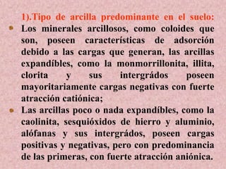 1).Tipo de arcilla predominante en el suelo:
Los minerales arcillosos, como coloides que
son, poseen características de adsorción
debido a las cargas que generan, las arcillas
expandíbles, como la monmorrillonita, illita,
clorita y sus intergrádos poseen
mayoritariamente cargas negativas con fuerte
atracción catiónica;
Las arcillas poco o nada expandíbles, como la
caolinita, sesquióxidos de hierro y aluminio,
alófanas y sus intergrádos, poseen cargas
positivas y negativas, pero con predominancia
de las primeras, con fuerte atracción aniónica.
 