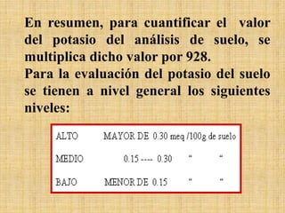 En resumen, para cuantificar el valor
del potasio del análisis de suelo, se
multiplica dicho valor por 928.
Para la evaluación del potasio del suelo
se tienen a nivel general los siguientes
niveles:
 