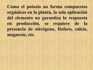 Como el potasio no forma compuestos
orgánicos en la planta, la sola aplicación
del elemento no garantiza la respuesta
en producción, se requiere de la
presencia de nitrógeno, fósforo, calcio,
magnesio, etc.
 