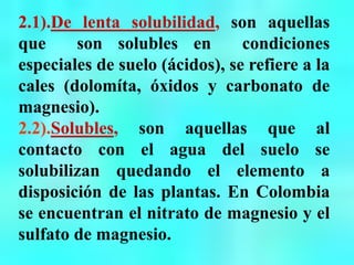 2.1).De lenta solubilidad, son aquellas
que son solubles en condiciones
especiales de suelo (ácidos), se refiere a la
cales (dolomíta, óxidos y carbonato de
magnesio).
2.2).Solubles, son aquellas que al
contacto con el agua del suelo se
solubilizan quedando el elemento a
disposición de las plantas. En Colombia
se encuentran el nitrato de magnesio y el
sulfato de magnesio.
 