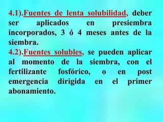 4.1).Fuentes de lenta solubilidad, deber
ser aplicados en presiembra
incorporados, 3 ó 4 meses antes de la
siembra.
4.2).Fuentes solubles, se pueden aplicar
al momento de la siembra, con el
fertilizante fosfórico, o en post
emergencia dirigida en el primer
abonamiento.
 