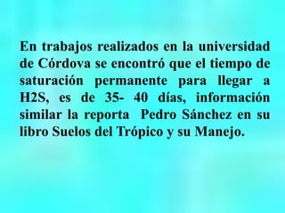 En trabajos realizados en la universidad
de Córdova se encontró que el tiempo de
saturación permanente para llegar a
H2S, es de 35- 40 días, información
similar la reporta Pedro Sánchez en su
libro Suelos del Trópico y su Manejo.
 