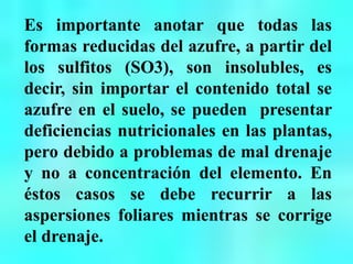 Es importante anotar que todas las
formas reducidas del azufre, a partir del
los sulfitos (SO3), son insolubles, es
decir, sin importar el contenido total se
azufre en el suelo, se pueden presentar
deficiencias nutricionales en las plantas,
pero debido a problemas de mal drenaje
y no a concentración del elemento. En
éstos casos se debe recurrir a las
aspersiones foliares mientras se corrige
el drenaje.
 
