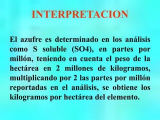 INTERPRETACION
El azufre es determinado en los análisis
como S soluble (SO4), en partes por
millón, teniendo en cuenta el peso de la
hectárea en 2 millones de kilogramos,
multiplicando por 2 las partes por millón
reportadas en el análisis, se obtiene los
kilogramos por hectárea del elemento.
 