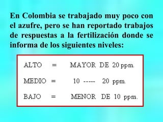 En Colombia se trabajado muy poco con
el azufre, pero se han reportado trabajos
de respuestas a la fertilización donde se
informa de los siguientes niveles:
 