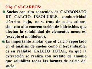 9.b). CALCAREOS:
Suelos con alto contenido de CARBONATO
DE CALCIO INSOLUBLE, conductividad
eléctrica baja, no se trata de suelos salinos,
sino con alta concentración de hidróxidos que
afectan la solubilidad de elementos menores,
(excepto el molibdeno).
Es importante anotar que el calcio reportado
en el análisis de suelos como intercambiable,
es en realidad CALCIO TOTAL, ya que la
extracción se realiza con acetato de amonio
que solubiliza todas las formas de calcio del
suelo.
 