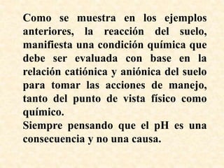 Como se muestra en los ejemplos
anteriores, la reacción del suelo,
manifiesta una condición química que
debe ser evaluada con base en la
relación catiónica y aniónica del suelo
para tomar las acciones de manejo,
tanto del punto de vista físico como
químico.
Siempre pensando que el pH es una
consecuencia y no una causa.
 