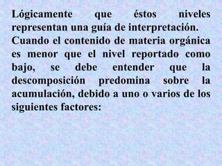 Lógicamente que éstos niveles
representan una guía de interpretación.
Cuando el contenido de materia orgánica
es menor que el nivel reportado como
bajo, se debe entender que la
descomposición predomina sobre la
acumulación, debido a uno o varios de los
siguientes factores:
 