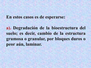 En estos casos es de esperarse:
a). Degradación de la bioestructura del
suelo; es decir, cambio de la estructura
grumosa o granular, por bloques duros o
peor aún, laminar.
 