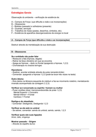 Apometria
Estratégias Gerais
Observação do ambiente – verificação de existência de:
A – Campos de Força ( que dificulta a visão e as incorporações)
B – Obsessores
C - Bolsões (passado) e sofredores (presente)
D – Guardas, serviçais
E – Trabalhos de maias (pastas, desenhos, símbolos, etc).
F – Existência de aparelhos desorganizadores de energia no local
A – Campos de Força (que dificulta a visão e as incorporações)
Destruir através da mentalização da sua destruição
B – Obsessores
Se a entidade não puder falar
- Restaurar a fala (hipnose, degola)
- Retirar da faixa vibratório em que se encontra
- Apaga-se hipnose – dedo no frontal (apagando a hipnose, 1,2,3)
- Cromoterapia no chackra laríngeo
Hipnotismo
- Quebrar, acordar entidade através de pulso (amarelo-limão)
- Comandar: apagando a hipnose 1,2,3 (pode-se tocar três vezes na testa)
Outro idioma
- Dois dedos na têmpora esquerda do médium e faz-se movimento rotatório, mentalizando
inversão acompanhado da contagem (1,2,3)
Verificar se é encarnado ou espírito / homem ou mulher
- Puxar cordões (dizer: trancionandocordão de prata 1,2,3)
Mental Superior = Coronário
Mental Inferior = Frontal
Cardíaco = Frontal
Desliga-o do obsediado
- Comandar: Desligando, Desligando 1,2,3
Verificar se ele está no umbral
- Se estiver, comandar: saindo do umbral, saindo, saindo, 1,2,3
Verificar quais são suas ligações
Amor, ódio, vingança
Mostrar passado – Origem
- Através do espelho áurico
Círculo Eclético da Luz (CEL) Página 10 de 12
 