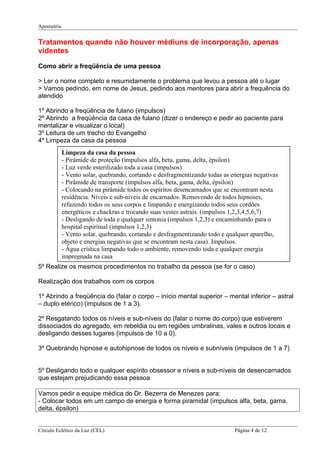Apometria
Tratamentos quando não houver médiuns de incorporação, apenas
videntes
Como abrir a freqüência de uma pessoa
> Ler o nome completo e resumidamente o problema que levou a pessoa até o lugar
> Vamos pedindo, em nome de Jesus, pedindo aos mentores para abrir a frequência do
atendido
1º Abrindo a freqüência de fulano (impulsos)
2º Abrindo a freqüência da casa de fulano (dizer o endereço e pedir ao paciente para
mentalizar e visualizar o local)
3º Leitura de um trecho do Evangelho
4º Limpeza da casa da pessoa
5º Realize os mesmos procedimentos no trabalho da pessoa (se for o caso)
Realização dos trabalhos com os corpos
1º Abrindo a freqüência do (falar o corpo – início mental superior – mental inferior – astral
– duplo etérico) (impulsos de 1 a 3).
2º Resgatando todos os níveis e sub-níveis do (falar o nome do corpo) que estiverem
dissociados do agregado, em rebeldia ou em regiões umbralinas, vales e outros locais e
desligando desses lugares (impulsos de 10 a 0).
3º Quebrando hipnose e autohipnose de todos os níveis e subníveis (impulsos de 1 a 7)
5º Desligando todo e qualquer espírito obsessor e níveis e sub-níveis de desencarnados
que estejam prejudicando essa pessoa
Vamos pedir a equipe médica do Dr. Bezerra de Menezes para:
- Colocar todos em um campo de energia e forma piramidal (impulsos alfa, beta, gama,
delta, épsilon)
Círculo Eclético da Luz (CEL) Página 4 de 12
Limpeza da casa da pessoa
- Pirâmide de proteção (impulsos alfa, beta, gama, delta, épsilon)
- Luz verde esterilizado toda a casa (impulsos)
- Vento solar, quebrando, cortando e desfragmentizando todas as energias negativas
- Pirâmide de transporte (impulsos alfa, beta, gama, delta, épsilon)
- Colocando na pirâmide todos os espíritos desencarnados que se encontram nesta
residência. Níveis e sub-níveis de encarnados. Removendo de todos hipnoses,
refazendo todos os seus corpos e limpando e energizando todos seus cordões
energéticos e chackras e trocando suas vestes astrais. (impulsos 1,2,3,4,5,6,7)
- Desligando de toda e qualquer sintonia (impulsos 1,2,3) e encaminhando para o
hospital espiritual (impulsos 1,2,3)
- Vento solar, quebrando, cortando e desfragmentizando todo e qualquer aparelho,
objeto e energias negativas que se encontram nesta casa). Impulsos.
- Água crística limpando todo o ambiente, removendo toda e qualquer energia
impregnada na casa
 