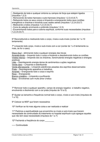 Apometria
- Desligando de toda e qualquer sintonia ou campos de força que estejam ligados
(impulsos 1,2,3)
- Removendo de todos hipnoses e auto-hipnoses (impulsos 1,2,3,4,5,6,7)
- Refazendo todos os seus corpos e limpando e energizando todos seus cordões
energéticos e chackras e trocando suas vestes astrais (impulsos 1,2,3,4,5,6,7)
- Medicando a todos (impulsos 1,2,3,4,5,6,7)
- Cone de seleção encimando a pirâmide (impulsos 1,2,3)
- Encaminhando todos para a colonia espiritual, conforme suas necessidades (impulsos
1,2,3,4,5,6,7)
6º Reconstituindo e medicando todo o corpo, níveis e sub-níveis (contar de 1 a 10
lentamente)
7º Limpando todo corpo, níveis e sub-níveis com a cor (contar de 1 a 5 lentamente ou
mais, se for o caso):
Disco Azul – eliminando toda e qualquer energias das trevas
Amarelo-limão – limpando todo o corpo e limpando e desobstruindo todos os cordões
Violeta intenso – limpando dos os chackras, transmutando energias negativas e energias
positivas
Lilás – Desintegrando energia densa de sentimentos e ações negativas
Verde claro – Limpando e esterilizando
Verde efervescente – Limpando aderências pesadas dos espíritos desencarnados
Prata – Desintegrando aparelhos e trabalhos,
Amarelo – Energizando todo o corpo e espírito
Roxo – Energizando
Branco cristalino – Limpando e purificando
Rosa – Envolvendo com muito amor crístico
7º Remover todo e qualquer aparelho, campo de energia negativo e trabalho negativo,
envolvendo e disolvendo com a cor prata (impulso de 10 a 0).
8º Ajustar ao tamanho e frequência normal todo o corpo, níveis e sub-níveis (impulsos de
1 a 10)
9º Colocar os MOF que forem necessários
10º Verificar se há mais alguma coisa a ser realizada e realizar
11º Pedimos a espiritualidade que encaminhe os níveis e sub-níveis que tiverem
necessidade de continuidade do tratamento no hospital espiritual e que agregue aqueles
que não tem essa necessidade (impulsos de 1 a 7)
12º Fechando a freqüência do corpo ________
----- Continuidade
Círculo Eclético da Luz (CEL) Página 5 de 12
 