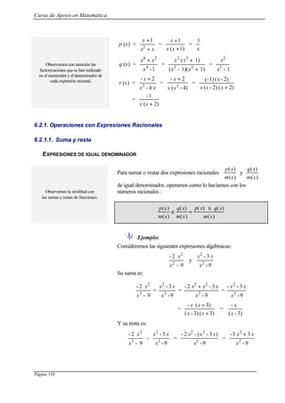 Curso de Apoyo en Matemática
Página 110
p (x) =
xx
x 1
2
+
+
=
1)(
1
+
+
xx
x
=
x
1
q (x) =
1-4
24
x
xx +
=
1)1)(-(
1)(
22
22
+
+
xx
xx
=
1-2
2
x
x
Observemos con atención las
factorizaciones que se han realizado
en el numerador y el denominador de
cada expresión racional. r (x) =
xx
x
4-
2-
3
+
=
4)-(
2-
2
xx
x +
=
2)(2)-(
2)-(1)(-
+xxx
x
=
2)(
1-
+xx
6.2.1. Operaciones con Expresiones Racionales
6.2.1.1. Suma y resta
EXPRESIONES DE IGUAL DENOMINADOR
Para sumar o restar dos expresiones racionales
)(
)(
xm
xp
y
)(
)(
xm
xq
de igual denominador, operamos como lo hacíamos con los
números racionales :Observemos la similitud con
las sumas y restas de fracciones.
)(
)()(
)(
)(
)(
)(
xm
xqxp
xm
xq
xm
xp ±
=±
Ejemplo:
Consideremos las siguientes expresiones algebraicas:
9-
2-
2
2
x
x
y
9-
3-
2
2
x
xx
Su suma es:
9-
2-
2
2
x
x
+
9-
3-
2
2
x
xx
=
9-
3-2-
2
22
x
xxx +
=
9-
3--
2
2
x
xx
=
3)(3)-(
3)(-
+
+
xx
xx
=
3)-(
-
x
x
Y su resta es:
9-
2-
2
2
x
x
-
9-
3-
2
2
x
xx
=
9-
)3-(-2-
2
22
x
xxx
=
9-
33-
2
2
x
xx +
 
