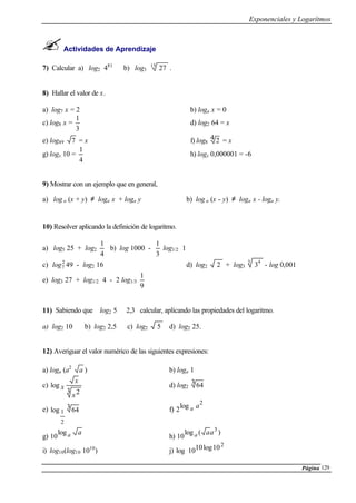 Exponenciales y Logarítmos
Página 129
Actividades de Aprendizaje
7) Calcular a) log2 481
b) log3
15
27 .
8) Hallar el valor de x.
a) log7 x = 2 b) loga x = 0
c) log8 x =
3
1
d) log2 64 = x
e) log49 7 = x f) log8
4 2 = x
g) logx 10 =
4
1
h) logx 0,000001 = -6
9) Mostrar con un ejemplo que en general,
a) log a (x + y) ≠ loga x + loga y b) log a (x - y) ≠ loga x - loga y.
10) Resolver aplicando la definición de logaritmo.
a) log5 25 + log2
4
1
b) log 1000 -
3
1
log1/2 1
c) 2
7log 49 - log2 16 d) log2 2 + log3
3 4
3 - log 0,001
e) log3 27 + log1/2 4 - 2 log1/3
9
1
11) Sabiendo que log2 5 ≅ 2,3 calcular, aplicando las propiedades del logaritmo.
a) log2 10 b) log2 2,5 c) log2 5 d) log2 25.
12) Averiguar el valor numérico de las siguientes expresiones:
a) loga (a2
a ) b) loga 1
c)
3 2
log
x
x
x d) log2
3 64
e) 3 64log
2
1 f)
2
log
2
aa
g)
aalog
10 h)
)(log
10
3
aaa
i) log10(log10 1010
) j) 




 2
10log1010log
 