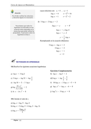 Curso de Apoyo en Matemática
Página 132
Atención
No olvides verificar las soluciones
y descartar alguna si es necesario.
cuyas soluciones son z1 = 4 , z2 = 1
log2 x = 4 ⇔ x = 24
= 16
log2 x = 1 ⇔ x = 21
= 2
Necesitamos que todos los
logaritmos involucrados en esta
ecuación estén expresados en la
misma base para poder utilizar las
propiedades. Expresamos todos los
logaritmos en base 2.
d) 3 log2 x - 2 log4 x = 2
log4 x = y ⇔ x = 4y
log2 x = y log2 4
log2 x = y . 2
y =
2
1
log2 x
Reemplazando en la ecuación obtenemos:
3 log2 x - log2 x = 2
2 log2 x = 2
log2 x = 1
x = 2
ACTIVIDADES DE APRENDIZAJE
14) Resolver las siguientes ecuaciones logarítmicas
a) log x = 3 log 2
c) 5 log x - log 32 = log
2
x
e) log 10 = 5 - 3 log x
g) log
2103
-21 2
+x
x
= 2
i) ln x - ln x3
= 8
Ejercicios Complementarios
b) log x - log 3 = 2
d)2 log x = log
2
x
-
5
3
f) 10 log 5 x - 5 log 5 x + 5 = 0
g) log 3 x2
+ log 3 x - 6 = 0
j) log2
2
x - 5 log 2 x = 0
15) Calcular el valor de x.
a) loga x = loga 9 – loga 4
b) loga x = 3 (loga 5 + 4 loga 2 – loga 3)
c) loga x =
5
4log3 a
 