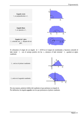 Trigonometría
Página 135
Ángulo recto
l2 es perpendicular a l1.
Ángulo llano
l2 es opuesta a l1.
Ángulo de 1 giro
.l1 coincide con l2 después de un
giro.
Si colocamos el origen de un ángulo α = A
∧
O B en el origen de coordenadas y hacemos coincidir el
lado inicial l1 con el semieje positivo de las x, entonces el lado terminal l2 quedará en algún
cuadrante.
l2 está en el primer cuadrante.
l2 está en el segundo cuadrante.
De esta manera, podemos hablar del cuadrante al que pertenece un ángulo α.
Por definición, los ángulos agudos son los que pertenecen al primer cuadrante.
 