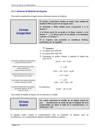Curso de Apoyo en Matemática
Página 136
8.1.1. Sistemas de Medición de Ángulos
Para medir la amplitud de un ángulo tenemos diferentes sistemas de medición.
SistemaSistema
SexagesimalSexagesimal
El sistema sexagesimal consiste en tomar como unidad de
medida la 90-ava parte de un ángulo recto.
Se denomina a dicha unidad grado sexagesimal y se la
denota 1º.
A la 60-ava parte de un grado se la llama minuto y se la
denota 1' ; y la 60-ava parte de un minuto se la denomina
segundo y se denota 1''.
Si se requiere más precisión se consideran décimas,
centésimas, etc. de segundo.
Ejemplos:
1) Un ángulo recto mide 90º.
2) Un ángulo llano mide 180º.
3) Expresemos en grados, minutos y segundos el ángulo que
mide 30,28º.
En principio separamos la parte entera
y la parte decimal de 30,28º
30,28º = 30º + 0,28º
Ahora, usando proporcionalidad
directa calculamos
cuántos minutos son 0,28º.
Separando luego la parte entera y la
parte decimal de los minutos.
1º → 60'
0,28º → 60' . 0,28 = 16,80'
= 16' + 0,80'
Con la regla de tres simple calculamos
cuántos segundo son 0,80'
1' → 60''
0,80' → 60'' . 0,80 = 48''
Consulta el manual de tu calculadora
para poder expresar 30,28º
como 30º 16' 48''
Así obtenemos:
30,28º = 30º 16' 48''
Otra unidad de medida de ángulos, de uso frecuente es el radián.
SistemaSistema
RadialRadial
Un radián representa la medida de un ángulo central de
una circunferencia, de modo tal que la longitud del arco
comprendido sea igual al radio de la circunferencia y se
denota por 1 rad.
El siguiente cuadro muestra la correspondencia entre las longitudes de distintos arcos de
circunferencia y sus correspondientes ángulos centrales medidos en radianes.
 