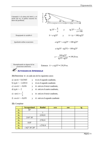Trigonometría
Página 151
ACTIVIDADES DE APRENDIZAJE
21) Determinar α en cada uno de los siguientes casos:
a) sen α = 0,63465 y α en el segundo cuadrante,
b) tg α = - 1,42814 y α en el segundo cuadrante.
c) cos α = - 0,656 y α está en el tercer cuadrante,
d) tg α = - 2 y α está en el cuarto cuadrante,
e)
3
1
ásen −= y α está en el tercer cuadrante,
f) cos α = - 0,659 y α está en el segundo cuadrante
22) Completar
Sexagesimal Radial sen cos tg
α1 36º
α2 1
α3 (3/4) π
α4 210º 30'
α5 (7/8) π
α6 810º
α7 - (7/6) π
α8 - 162º 38' 20''
Llamando h a la altura del árbol y a el
ancho del río, el gráfico muestra los
datos del problema.
tg 35º =
a
h
y tg 25º =
100+a
h
Despejando la variable h h = a tg35º y h = (a + 100) tg25º
Igualando ambas ecuaciones a tg35º = a tg25º + 100 tg25º
a (tg35º - tg25º) = 100 tg25º
a =
tg25ºº35tg
º25tg100
−
≈ 199,36 m.
Reemplazando en alguna de las
ecuaciones anteriores
Entonces h = a tg35º ≈ 139,59 m.
 
