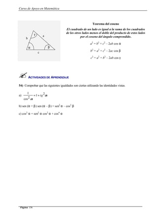 Curso de Apoyo en Matemática
Página 156
Teorema del coseno
El cuadrado de un lado es igual a la suma de los cuadrados
de los otros lados menos el doble del producto de estos lados
por el coseno del ángulo comprendido.
a2
= b2
+ c2
– 2ab cos α
b2
= a2
+ c2
– 2ac cos β
c2
= a2
+ b2
– 2ab cos γ
ACTIVIDADES DE APRENDIZAJE
54) Comprobar que las siguientes igualdades son ciertas utilizando las identidades vistas.
a) α
α
2
1
2cos
1
tg+=
b) sen (α + β) sen (α – β) = sen2
α – cos2
β
c) cos2
α = sen2
α cos2
α + cos4
α
a
b
c
α β
γ
 