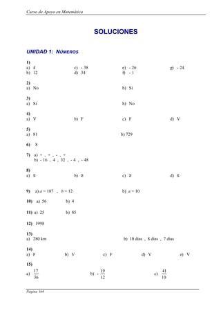 Curso de Apoyo en Matemática
Página 164
SOLUCIONES
UNIDAD 1: NÚMEROS
1)
a) 4
b) 12
c) - 38
d) 34
e) - 26
f) - 1
g) - 24
2)
a) No b) Si
3)
a) Si b) No
4)
a) V b) F c) F d) V
5)
a) 81 b) 729
6) 8
7) a) + , + , - , +
b) - 16 , 4 , 32 , - 4 , - 48
8)
a) ≤ b) ≥ c) ≥ d) ≤
9) a) a = 187 , b = 12 b) a = 10
10) a) 56 b) 4
11) a) 25 b) 85
12) 1998
13)
a) 280 km b) 10 días , 8 días , 7 días
14)
a) F b) V c) F d) V e) V
15)
a)
36
17
b) -
12
19
c)
10
41
 