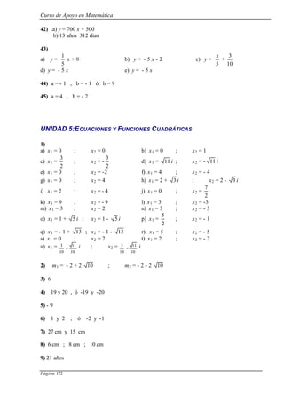 Curso de Apoyo en Matemática
Página 172
42) .a) y = 700 x + 500
b) 13 años 312 días
43)
a) y =
5
1
x + 8 b) y = - 5 x - 2 c) y =
5
x
+
10
3
d) y = - 5 x e) y = - 5 x
44) a = - 1 , b = - 1 ó b = 9
45) a = 4 , b = - 2
UNIDAD 5:ECUACIONES Y FUNCIONES CUADRÁTICAS
1)
a) x1 = 0 ; x2 = 0 b) x1 = 0 ; x2 = 1
c) x1 =
2
3
; x2 = -
2
3
d) x1 = 11 i ; x2 = - 11 i
e) x1 = 0 ; x2 = -2 f) x1 = 4 ; x2 = - 4
g) x1 = 0 ; x2 = 4 h) x1 = 2 + 3 i ; x2 = 2 - 3 i
i) x1 = 2 ; x2 = - 4 j) x1 = 0 ; x2 =
2
7
k) x1 = 9 ; x2 = - 9 l) x1 = 3 ; x2 = -3
m) x1 = 3 ; x2 = 2 n) x1 = 3 ; x2 = - 3
o) x1 = 1 + 5 i ; x2 = 1 - 5 i p) x1 =
2
5
; x2 = - 1
q) x1 = - 1 + 13 ; x2 = - 1 - 13 r) x1 = 5 ; x2 = - 5
s) x1 = 0 ; x2 = 2 t) x1 = 2 ; x2 = - 2
u) x1 =
10
11
10
3
+ i ; x2 =
10
11
10
3
− i
2) m1 = - 2 + 2 10 ; m2 = - 2 - 2 10
3) 6
4) 19 y 20 , ó -19 y -20
5) - 9
6) 1 y 2 ; ó -2 y -1
7) 27 cm y 15 cm
8) 6 cm ; 8 cm ; 10 cm
9) 21 años
 