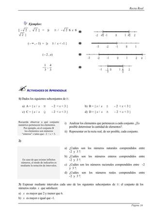 Recta Real
Página 39
Ejemplos:
[ - 2 , 2 ] = {x ∈ R / - 2 ≤ x ≤
2 }
→→
( - ∞ , - 1) = {x ∈ R / x < -1 } →→
( - 2 , e) →→






3
4
,
3
1
- →→
ACTIVIDADES DE APRENDIZAJE
1) Dados los siguientes subconjuntos de R:
a) A = { x / x ∈ N ∧ - 2 < x < 3 } b) B = { x / x ∈ Z ∧ - 2 < x < 3 }
c) C = { x / x ∈ Q ∧ - 2 < x < 3 } d) D = { x / x ∈ R ∧ - 2 < x < 3 }
Recuerda observar a qué conjunto
numérico pertenecen los elementos.
Por ejemplo, en el conjunto B
los elementos son números
“enteros” x tales que - 2 < x < 3.
i) Analizar los elementos que pertenecen a cada conjunto. ¿Es
posible determinar la cantidad de elementos?.
ii) Representar en la recta real, de ser posible, cada conjunto.
2)
En caso de que existan infinitos
números, el modo de indicarlos es
mediante la notación de intervalos.
a) ¿Cuáles son los números naturales comprendidos entre
-2 y 3 ?.
b) ¿Cuáles son los números enteros comprendidos entre
-2 y 3 ?.
c) ¿Cuáles son los números racionales comprendidos entre -2
y 3 ?.
d) ¿Cuáles son los números reales comprendidos entre
-2 y 3 ?.
3) Expresar mediante intervalos cada uno de los siguientes subconjuntos de R: el conjunto de los
números reales x que satisfacen:
a) x es mayor que 2 y menor que 6.
b) x es mayor o igual que -1.
 
