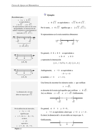 Curso de Apoyo en Matemática
Página 42
Ejemplo:
Recordemos que...
x ∈ R y x ≤ 2
es equivalente a
x ≤ 2 ∧ x ≥ - 2 .
Si representamos cada una de estas
desigualdades, la intersección de
ambos conjuntos es precisamente el
intervalo [- 2 , 2 ].
x ≤ 2 es equivalente a - 2 ≤ x ≤ 2 .
Por lo tanto, x ≤ 2 significa que x ∈ [- 2 , 2 ] .
Si representamos en la recta numérica obtenemos:
En general, - b ≤ x ≤ b es equivalente a
x ≥ - b ∧ x ≤ b
y representa la intersección
[- b , + ∞) ∩ (- ∞ , b] = [- b , b ]
Análogamente, x < b es equivalente a
- b < x < b
(o también x < b ∧ x > - b ).
La distancia de x al cero
debe ser mayor que 2 .
Una forma de encontrar los números reales x que verifican
x > 2 ,
es descartar de la recta real aquellos que verifican x ≤ 2 .
Así, se obtiene x > 2 o x < - 2 . Gráficamente,
Por la definición de intervalos,
x ∈ R y x > b
significa que
x ∈ (- ∞ , -b) ó x ∈ (b , + ∞) ,
es decir,
x > b
equivale a
x ∈ (- ∞ , -b) ∪ (b , + ∞) .
En general, si b ∈ R y b > 0 ,
x > b es equivalente a decir que x > b o x < -b .
Es decir, la distancia del x al cero debe ser mayor que b.
Gráficamente,
0-2 2
- 2 2
20
- 2 2
[ 2,2− ]
0 b-b
[-b, b]
0 b-b
(-b, b)
0-2 2
- 2 2
0
b-b
 