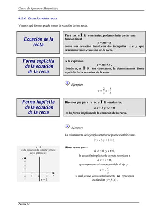 Curso de Apoyo en Matemática
Página 62
4.2.4. Ecuación de la recta
Veamos qué formas puede tomar la ecuación de una recta.
Ecuación de laEcuación de la
rectarecta
Para m , n ∈∈ R constantes, podemos interpretar una
función lineal
y = mx + n
como una ecuación lineal con dos incógnitas x e y que
denominaremos ecuación de la recta.
Forma explícitaForma explícita
de la ecuaciónde la ecuación
de la rde la reectacta
A la expresión
y = mx + n ,
donde m, n ∈∈ R son constantes, la denominamos forma
explícita de la ecuación de la recta.
Ejemplo:
3
8
3
2
+= xy
Forma implícitaForma implícita
de la ecuaciónde la ecuación
de lade la rreectacta
Diremos que para a , b , c ∈∈ R constantes,
a x + b y + c = 0
es la forma implícita de la ecuación de la recta.
Ejemplo:
La misma recta del ejemplo anterior se puede escribir como
2 x - 3 y + 8 = 0.
x = 2
es la ecuación de la recta vertical
cuyo gráfico es:
Observemos que...
si b = 0 y a ≠ 0,
la ecuación implícita de la recta se reduce a
a x + c = 0,
que representa a la recta paralela al eje y ,
x = -
a
c
la cual, como vimos anteriormente no representa
una función y = f (x) .
x1 3
y
2
x = 2
 