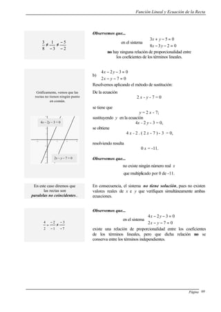 Función Lineal y Ecuación de la Recta
Página 69
Observemos que...
en el sistema



=−−
=−+
0238
053
yx
yx
no hay ninguna relación de proporcionalidad entre
los coeficientes de los términos lineales.
Gráficamente, vemos que las
rectas no tienen ningún punto
en común.
-2 2 4 6
-4
-3
-2
-1
1
2
3
4
b)



=−−
=−−
072
0324
yx
yx
Resolvemos aplicando el método de sustitución:
De la ecuación
2 x - y - 7 = 0
se tiene que
y = 2 x - 7;
sustituyendo y en la ecuación
4x - 2 y - 3 = 0,
se obtiene
4 x - 2 . ( 2 x - 7 ) - 3 = 0,
resolviendo resulta
0 x = -11.
Observemos que...
no existe ningún número real x
que multiplicado por 0 de -11.
En este caso diremos que
las rectas son
paralelas no coincidentes..
En consecuencia, el sistema no tiene solución, pues no existen
valores reales de x e y que verifiquen simultáneamente ambas
ecuaciones.
Observemos que...
en el sistema



=−−
=−−
072
0324
yx
yx
existe una relación de proporcionalidad entre los coeficientes
de los términos lineales, pero que dicha relación no se
conserva entre los términos independientes.
2
5
3
1
8
3
−
−
≠
−
≠
7
3
1
2
2
4
−
−
≠
−
−
=
4x – 2y – 3 = 0
2x – y – 7 = 0
 