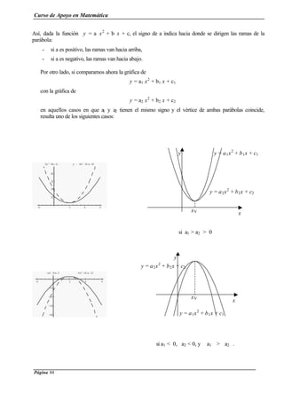 Curso de Apoyo en Matemática
Página 84
Así, dada la función y = a x2
+ b x + c, el signo de a indica hacia donde se dirigen las ramas de la
parábola:
- si a es positivo, las ramas van hacia arriba,
- si a es negativo, las ramas van hacia abajo.
Por otro lado, si comparamos ahora la gráfica de
y = a1 x2
+ b1 x + c1
con la gráfica de
y = a2 x2
+ b2 x + c2
en aquellos casos en que a1 y a2 tienen el mismo signo y el vértice de ambas parábolas coincide,
resulta uno de los siguientes casos:
-2 2 4 6
10
20
30
40
2x2
-8x+11 y = 4x2
-16x+19
si a1 > a2 > 0
-2 2 4 6
-40
-30
-20
-10
-2x
2
+8x-5 -4x
2
+16x-13
si a1 < 0, a2 < 0, y a1 > a2.
y
x
xV
y = a1x2
+ b1x + c1
y = a2x2
+ b2x + c2
x
y
xV
y = a1x2
+ b1x + c1
y = a2x2
+ b2x + c2
 