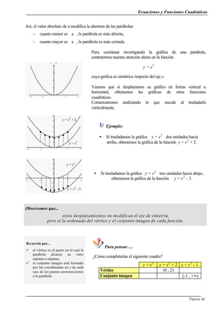Ecuaciones y Funciones Cuadráticas
Página 85
Así, el valor absoluto de a modifica la abertura de las parábolas:
- cuanto menor es a, la parábola es más abierta,
- cuanto mayor es a, la parábola es más cerrada.
-2 -1 1 2
1
2
3
4
y = x2
Para continuar investigando la gráfica de una parábola,
centraremos nuestra atención ahora en la función
y = x2
cuya gráfica es simétrica respecto del eje y.
Veamos que si desplazamos su gráfico en forma vertical u
horizontal, obtenemos las gráficas de otras funciones
cuadráticas.
Comenzaremos analizando lo que sucede al trasladarla
verticalmente.
-2 -1 1 2
1
2
3
4
5
6
Ejemplo:
• Si trasladamos la gráfica y = x2
dos unidades hacia
arriba, obtenemos la gráfica de la función y = x2
+ 2.
-2 -1 1 2
-3
-2
-1
1
2
3
4
• Si trasladamos la gráfica y = x2
tres unidades hacia abajo,
obtenemos la gráfica de la función y = x2
- 3.
Observemos que...
estos desplazamientos no modifican el eje de simetría,
pero sí la ordenada del vértice y el conjunto imagen de cada función.
Para pensar….
Recuerda que...
ü el vértice es el punto en el cual la
parábola alcanza su valor
máximo o mínimo;
ü el conjunto imagen está formado
por las coordenadas en y de cada
uno de los puntos pertenecientes
a la parábola.
¿Cómo completarías el siguiente cuadro?
y = x2
y = x2
+ 2 y = x2
- 1.
Vértice (0 , 2)
Conjunto imagen [-1 , +∞)
y = x2
y = x2
+ 2
y = x2
y = x2
- 3
 