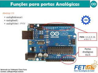 Funções para portas Analógicas
Portas
Analógicas
0 à 5
PWM: 3, 5, 6, 9, 10,
e 11 ( ~ )
Ministrado por: Wellington Cássio Faria
Contato: wellingtonf@gec.inatel.br
 