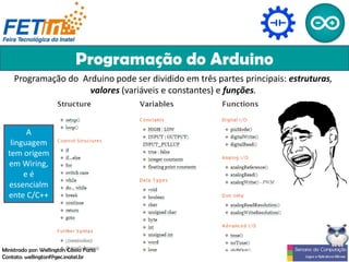 Programação do Arduino
Programação do Arduino pode ser dividido em três partes principais: estruturas,
valores (variáveis ​​e constantes) e funções.
A
linguagem
tem origem
em Wiring,
e é
essencialm
ente C/C++
Ministrado por: Wellington Cássio Faria
Contato: wellingtonf@gec.inatel.br
 