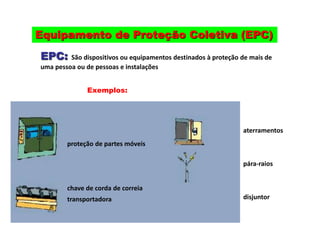 Equipamento de Proteção Coletiva (EPC)
EPC: São dispositivos ou equipamentos destinados à proteção de mais de
uma pessoa ou de pessoas e instalações
proteção de partes móveis
chave de corda de correia
transportadora
aterramentos
pára-raios
disjuntor
Exemplos:
 