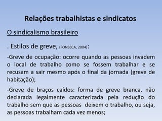Relações trabalhistas e sindicatos
O sindicalismo brasileiro
. Estilos de greve, (FONSECA, 2004):
-Greve de ocupação: ocorre quando as pessoas invadem
o local de trabalho como se fossem trabalhar e se
recusam a sair mesmo após o final da jornada (greve de
habitação);
-Greve de braços caídos: forma de greve branca, não
declarada legalmente caracterizada pela redução do
trabalho sem que as pessoas deixem o trabalho, ou seja,
as pessoas trabalham cada vez menos;
 