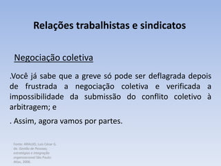 Fonte: ARAUJO, Luis César G.
de. Gestão de Pessoas;
estratégias e integração
organizacional São Paulo:
Atlas, 2006.
Relações trabalhistas e sindicatos
Negociação coletiva
.Você já sabe que a greve só pode ser deflagrada depois
de frustrada a negociação coletiva e verificada a
impossibilidade da submissão do conflito coletivo à
arbitragem; e
. Assim, agora vamos por partes.
 