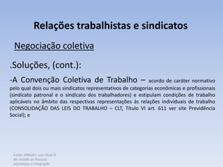 Fonte: ARAUJO, Luis César G.
de. Gestão de Pessoas;
estratégias e integração
Relações trabalhistas e sindicatos
Negociação coletiva
.Soluções, (cont.):
-A Convenção Coletiva de Trabalho – acordo de caráter normativo
pelo qual dois ou mais sindicatos representativos de categorias econômicas e profissionais
(sindicato patronal e o sindicato dos trabalhadores) e estipulam condições de trabalho
aplicáveis no âmbito das respectivas representações às relações individuais de trabalho
(CONSOLIDAÇÃO DAS LEIS DO TRABALHO – CLT, Título VI art. 611 ver site Previdência
Social); e
 