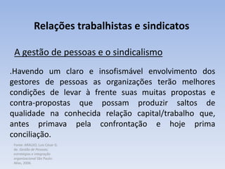 Fonte: ARAUJO, Luis César G.
de. Gestão de Pessoas;
estratégias e integração
organizacional São Paulo:
Atlas, 2006.
Relações trabalhistas e sindicatos
A gestão de pessoas e o sindicalismo
.Havendo um claro e insofismável envolvimento dos
gestores de pessoas as organizações terão melhores
condições de levar à frente suas muitas propostas e
contra-propostas que possam produzir saltos de
qualidade na conhecida relação capital/trabalho que,
antes primava pela confrontação e hoje prima
conciliação.
 