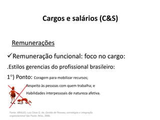 Fonte: ARAUJO, Luis César G. de. Gestão de Pessoas; estratégias e integração
organizacional São Paulo: Atlas, 2006.
Cargos e salários (C&S)
Remunerações
Remuneração funcional: foco no cargo:
.Estilos gerencias do profissional brasileiro:
1°) Ponto: Coragem para mobilizar recursos;
Respeito às pessoas com quem trabalha; e
Habilidades interpessoais de natureza afetiva.
 