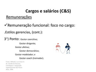 Fonte: ARAUJO, Luis César G.
de. Gestão de Pessoas;
estratégias e integração
organizacional São Paulo:
Atlas, 2006.
Cargos e salários (C&S)
Remunerações
Remuneração funcional: foco no cargo:
.Estilos gerencias, (cont.):
3°) Ponto: Gestor coercitivo;
Gestor dirigente;
Gestor afetivo;
Gestor democrático;
Gestor modelador; e
Gestor coach (treinador).
 